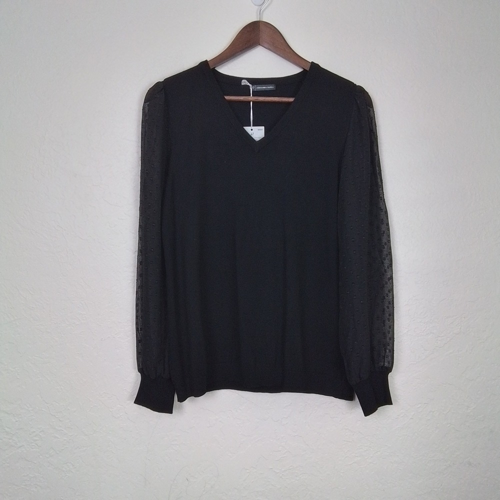 Adrianna Papell Black Knit Sweater M Sheer Dot Mesh Sleeve Pullover VNeck Blouse